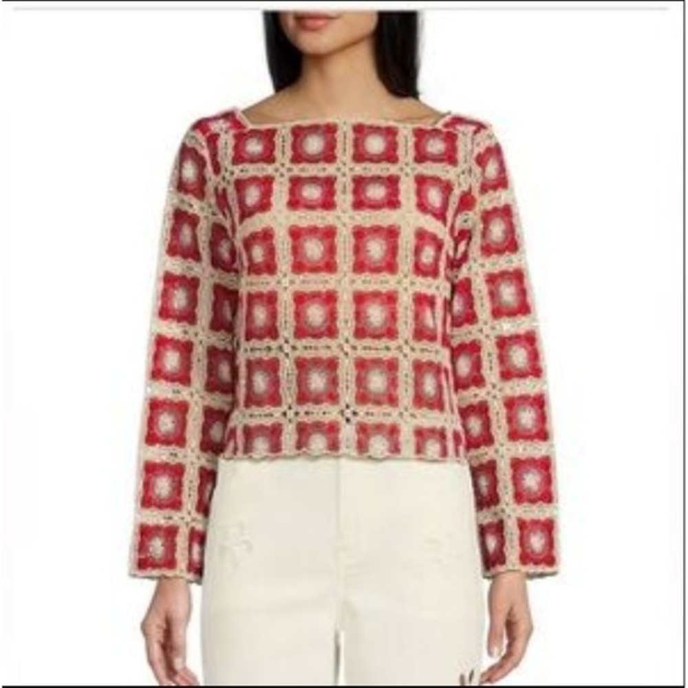 Chelsea & Violet Pink Granny Square Crochet LongSleeve Crop Top Womens Small NWT